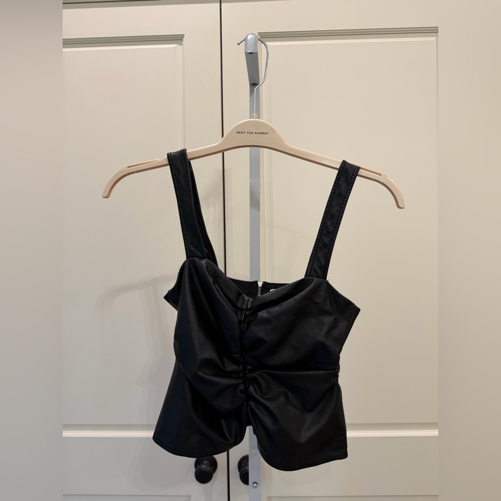A.L.C Faux Leather Lauryn Vegan Ruched Top Zipper Back Size 0 in Solid Black - Picture 3 of 6